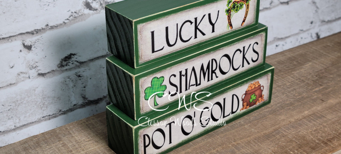 Lucky Shamrocks Pot O' Gold St. Patrick's Day Wood Block Stack
