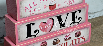 All You Need Is Love and Chocolates Pink Wood Block Stack