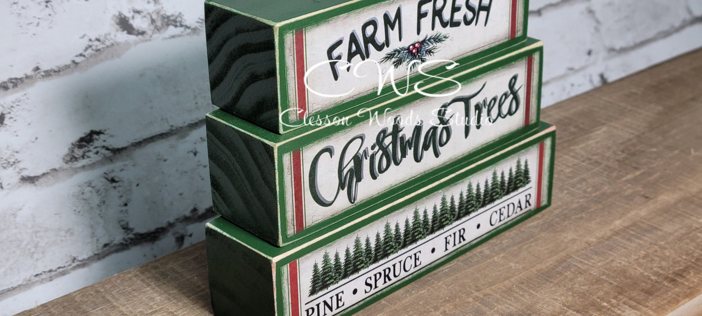 Farm Fresh Christmas Trees Green Wood Block Stack