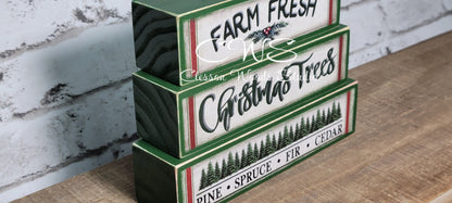 Farm Fresh Christmas Trees Green Wood Block Stack