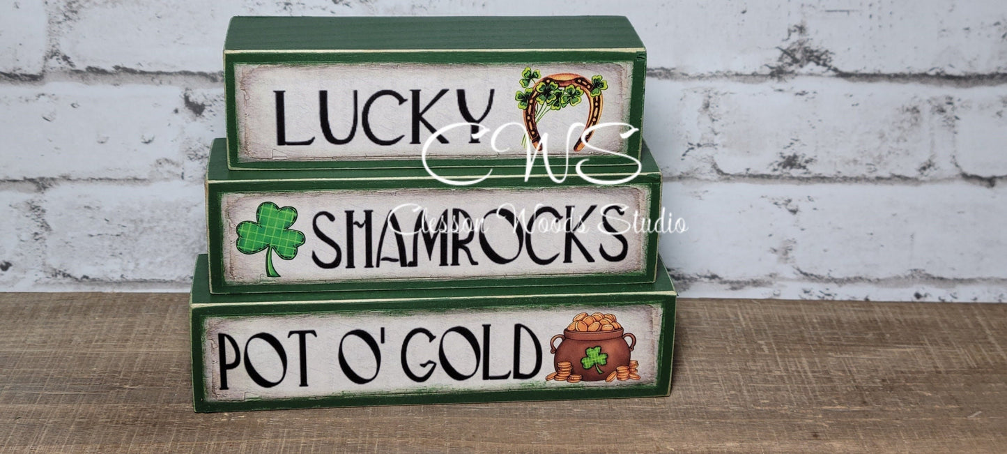 Lucky Shamrocks Pot O' Gold St. Patrick's Day Wood Block Stack