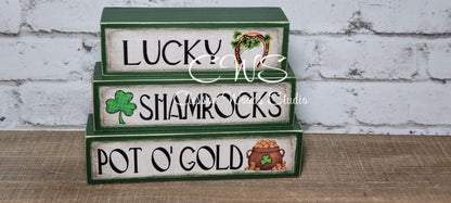 Lucky Shamrocks Pot O' Gold St. Patrick's Day Wood Block Stack