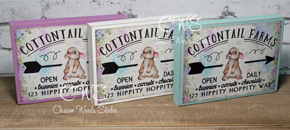 Cottontail Farms (Purple, White or Blue) Wood Block Sign