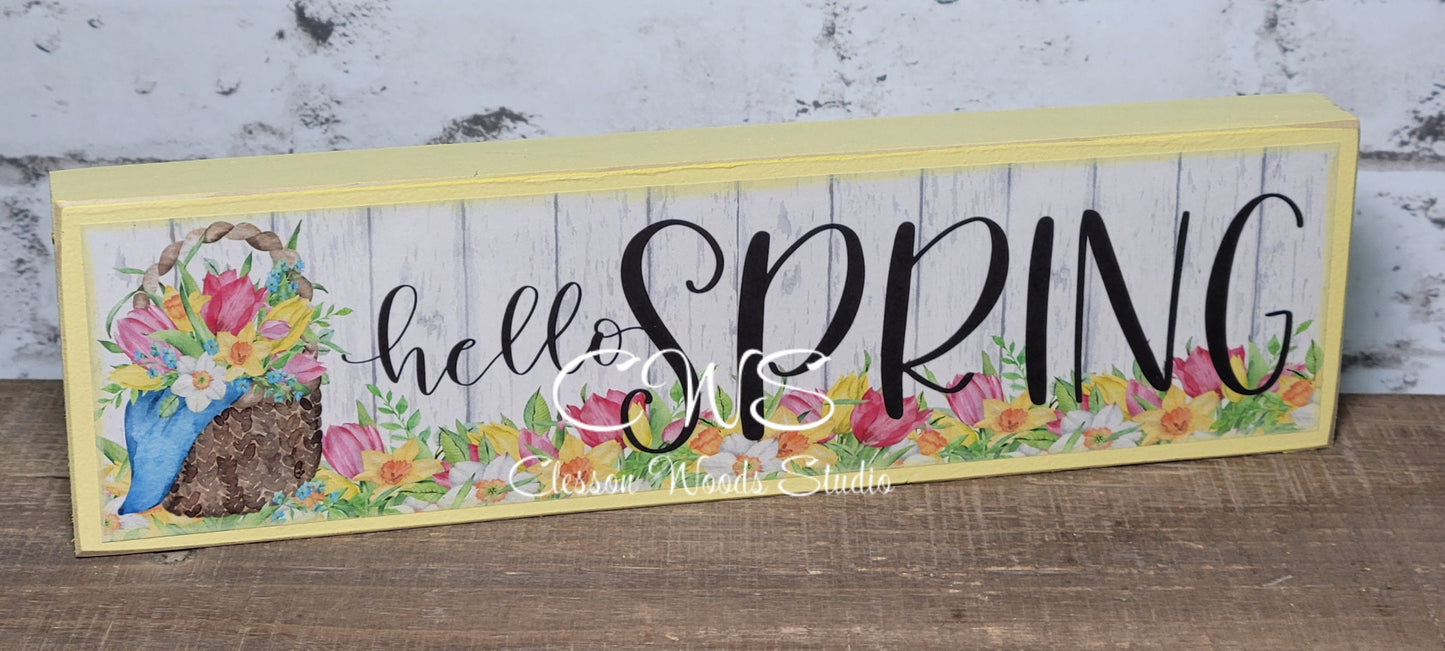 Hello Spring (Yellow or Pink) Wood Block Sign
