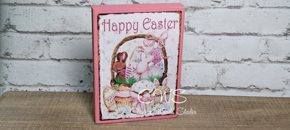 Happy Easter Basket of Sweets Wood Block Sign