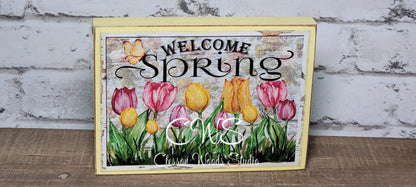 Welcome Spring Bright Flowers Wood Block Sign