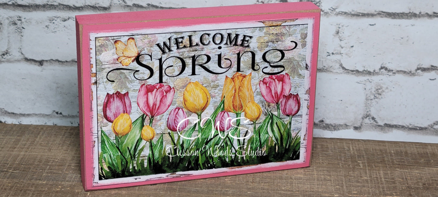 Welcome Spring Bright Flowers Wood Block Sign