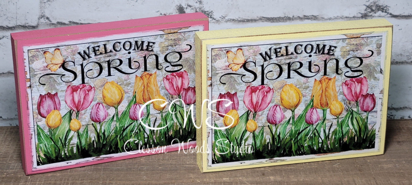 Welcome Spring Bright Flowers Wood Block Sign