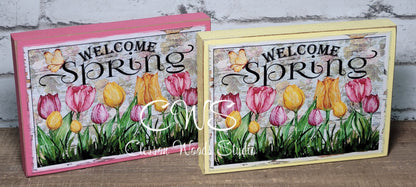 Welcome Spring Bright Flowers Wood Block Sign