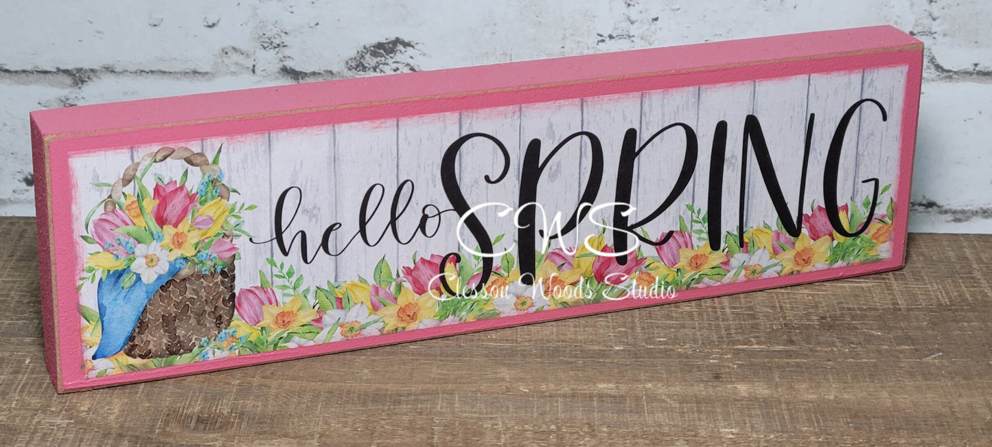Hello Spring (Yellow or Pink) Wood Block Sign