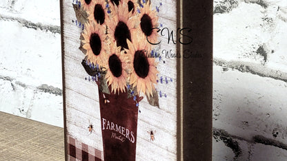 Farmers Market Sunflowers in Rusty Bucket Wood Sign