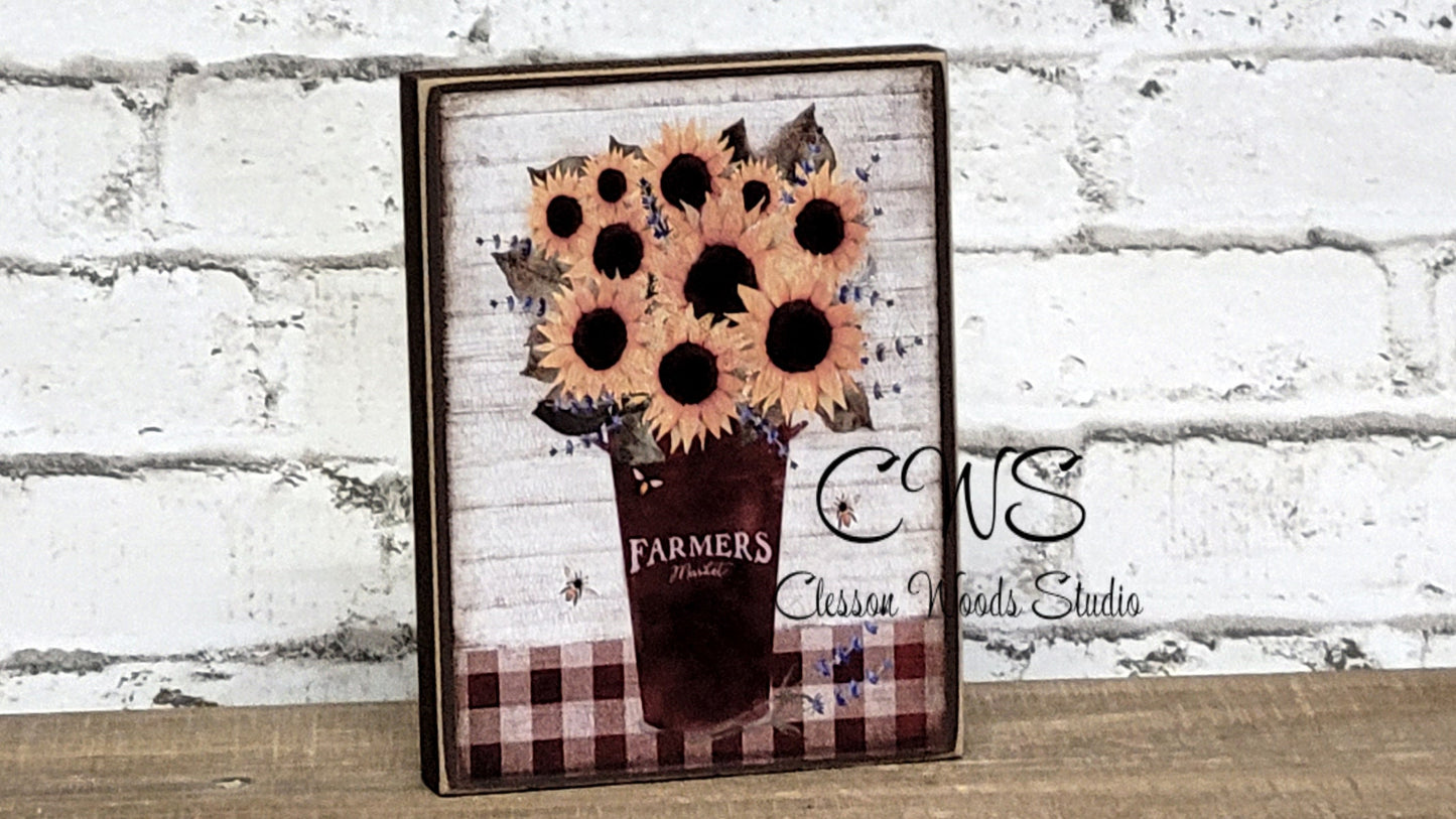 Farmers Market Sunflowers in Rusty Bucket Wood Sign