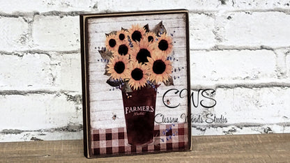 Farmers Market Sunflowers in Rusty Bucket Wood Sign