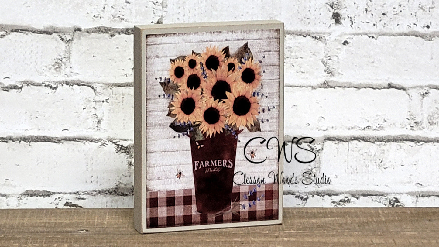 Farmers Market Sunflowers in Rusty Bucket Wood Sign