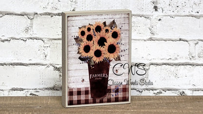Farmers Market Sunflowers in Rusty Bucket Wood Sign