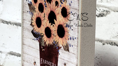 Farmers Market Sunflowers in Rusty Bucket Wood Sign