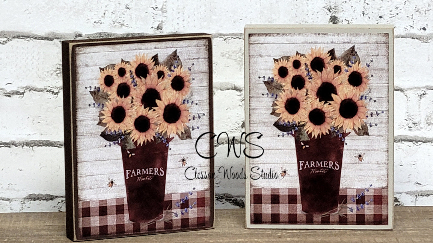 Farmers Market Sunflowers in Rusty Bucket Wood Sign