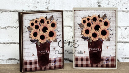 Farmers Market Sunflowers in Rusty Bucket Wood Sign