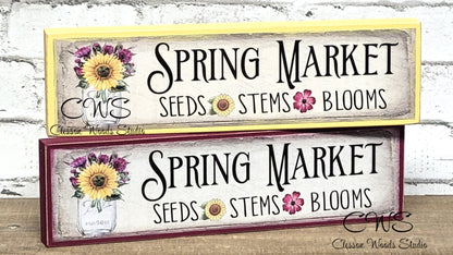 Spring Market Flowers in Glass Jar Wood Block Sign