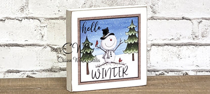 Hello Winter Snowman With Cardinals Square Wood Sign