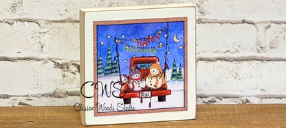 Happy Holidays Two Cute Snowmen in Red Truck Square Wood Sign