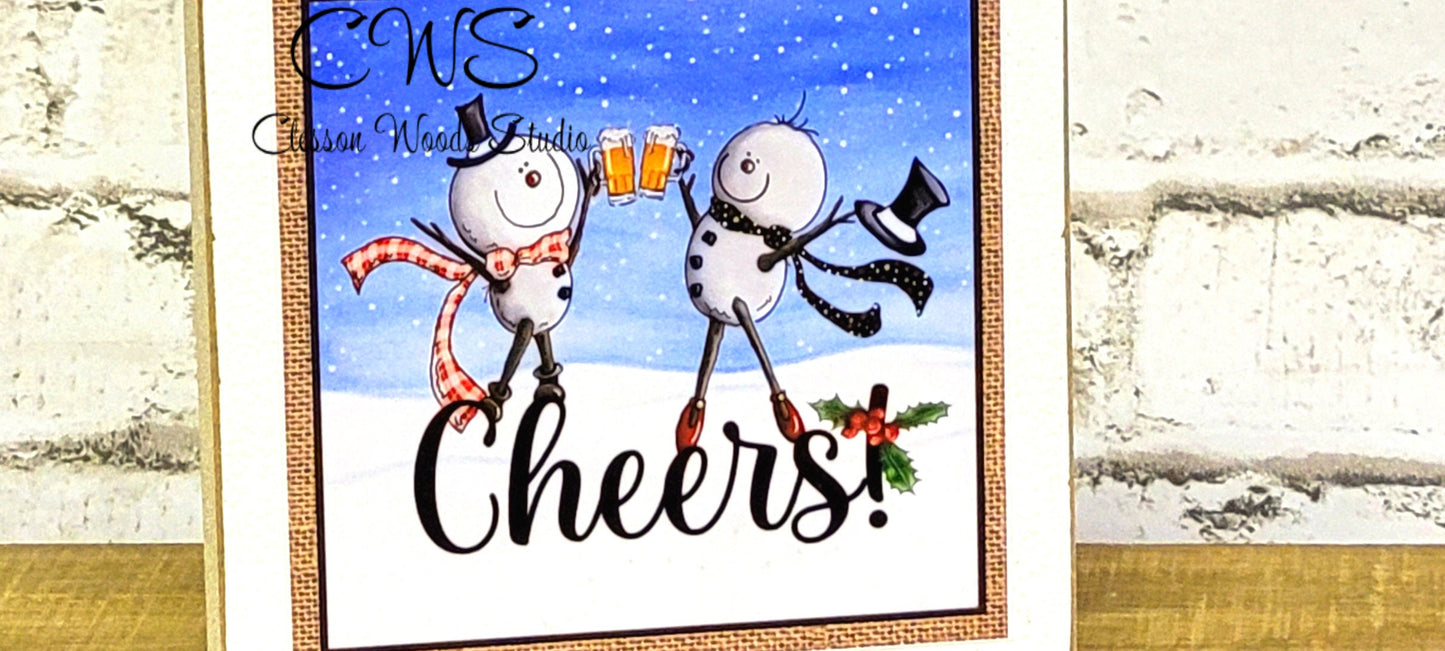 Cheers Two Snowmen Beer Toasting Square Wood Sign
