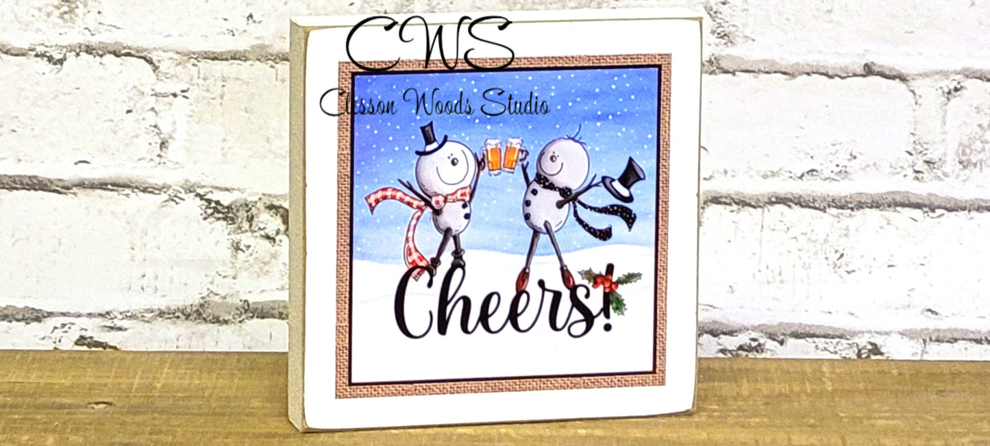 Cheers Two Snowmen Beer Toasting Square Wood Sign
