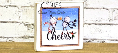 Cheers Two Snowmen Beer Toasting Square Wood Sign