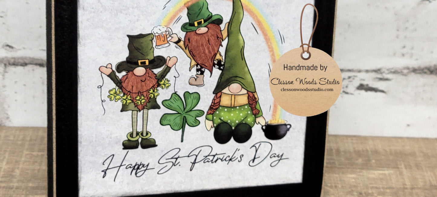 Happy St. Patrick's Day Gnomes Black Square Wood Sign