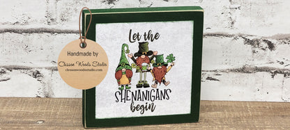 St. Patrick's Day Let The Shenanigans Begin Gnomes Green Square Wood Sign
