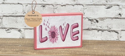 Pink Love With Hearts and Flower Pink Wood Block Sign Tiered Tray Sign