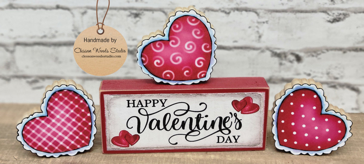 Happy Valentines Day Hearts 4 Piece Wood Block Set