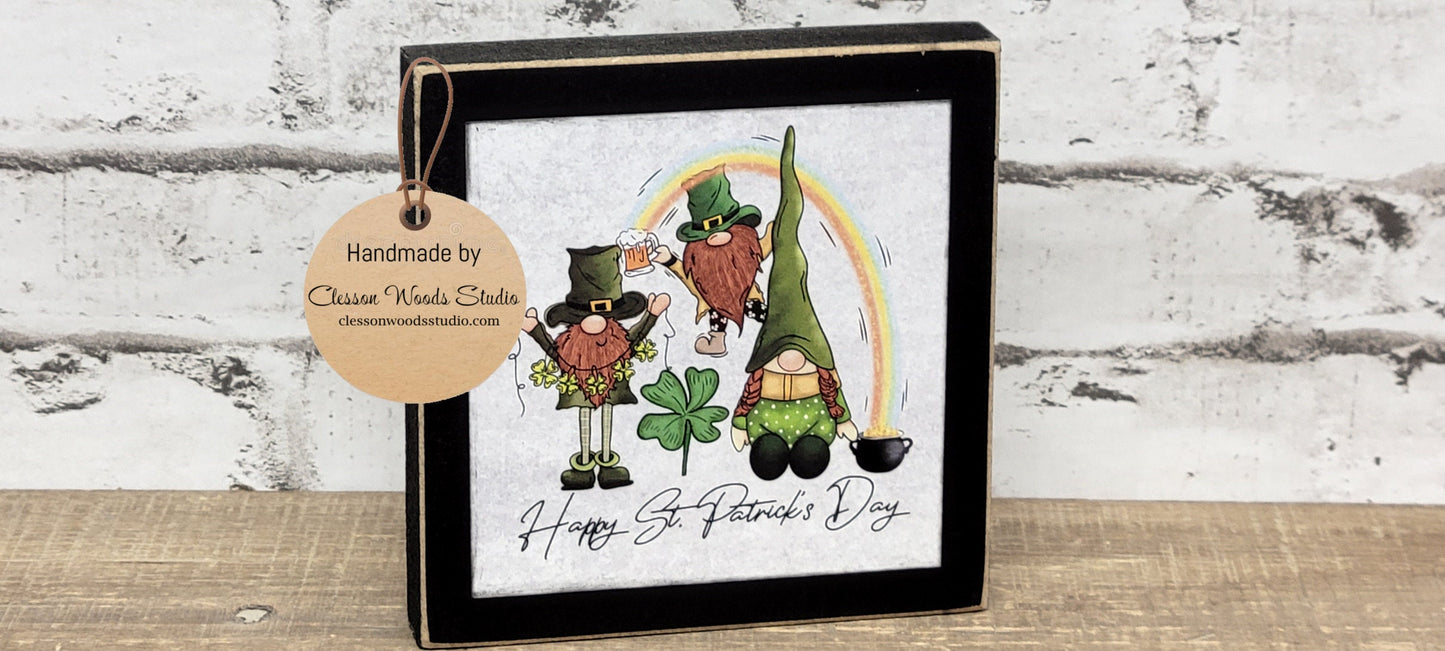 Happy St. Patrick's Day Gnomes Black Square Wood Sign