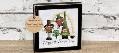 Happy St. Patrick's Day Gnomes Black Square Wood Sign