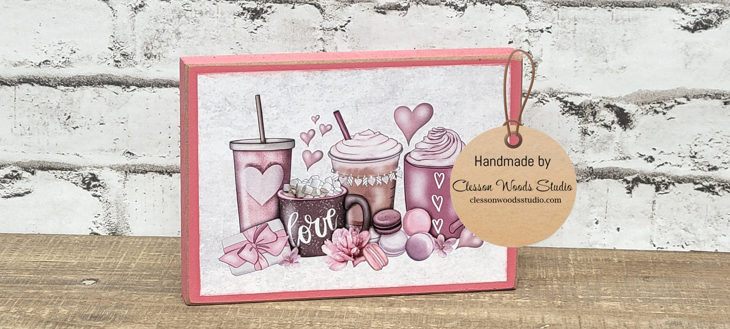 Valentine Beverages Pink Wood Block Sign Tiered Tray Sign