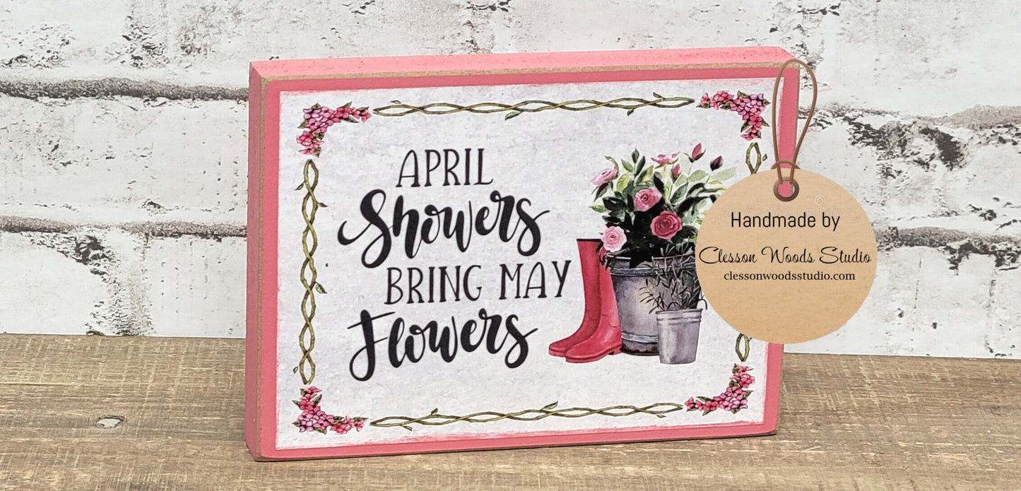 April Showers Bring May Flowers Pink Wood Block Sign Tiered Tray Sign