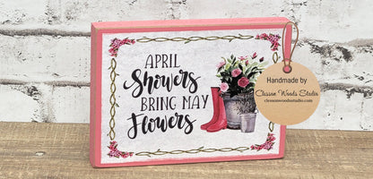 April Showers Bring May Flowers Pink Wood Block Sign Tiered Tray Sign