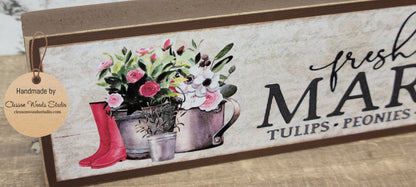 Fresh Flower Market Tulips Peonies Roses Daisies Brown Wood Sign