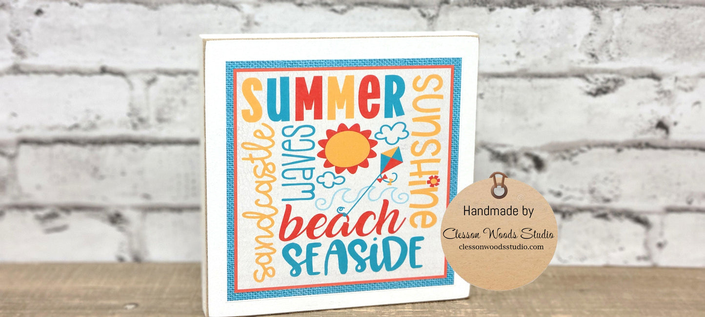 Summer Colorful Words White Wood Block Sign