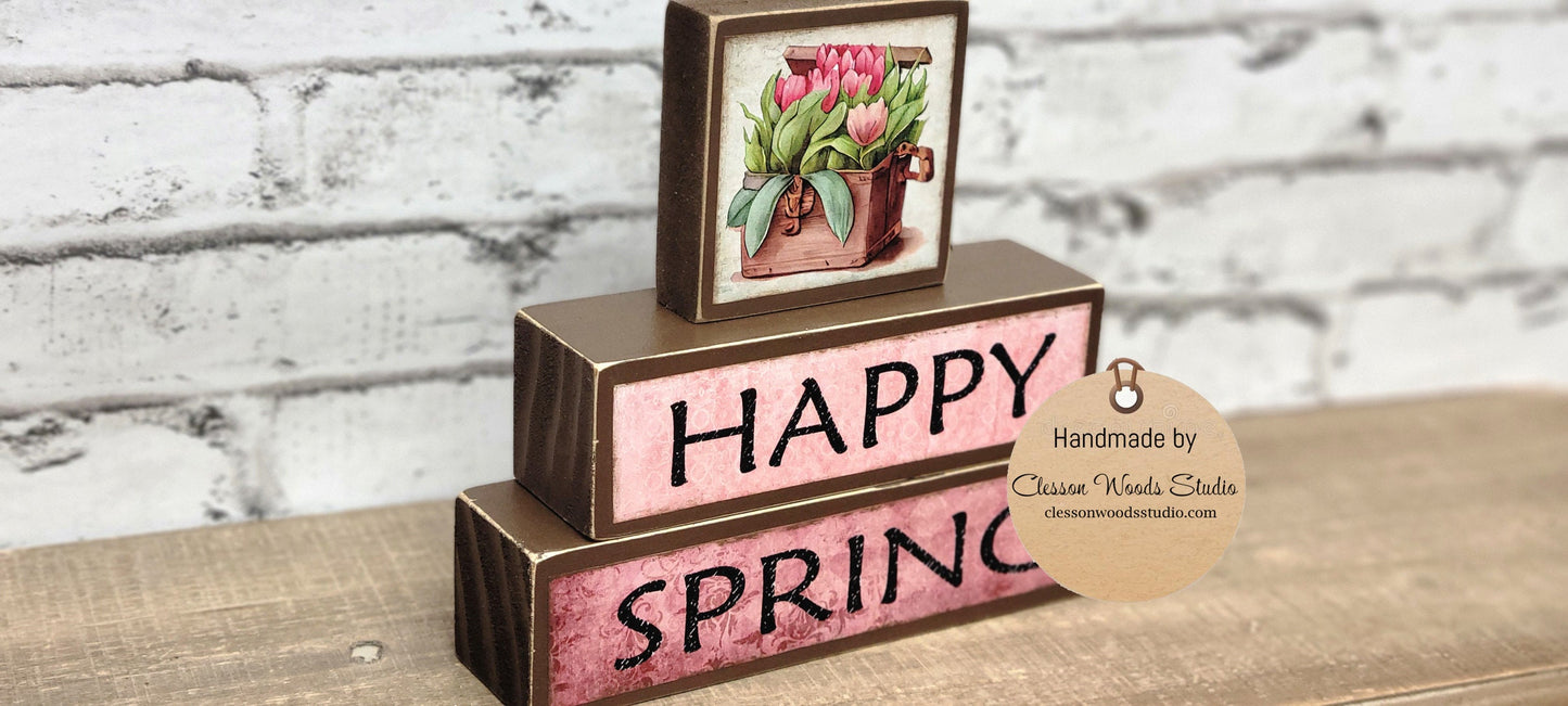 Happy Spring Tulips Pink and Brown 3 Piece Wood Block Stack