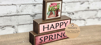 Happy Spring Tulips Pink and Brown 3 Piece Wood Block Stack