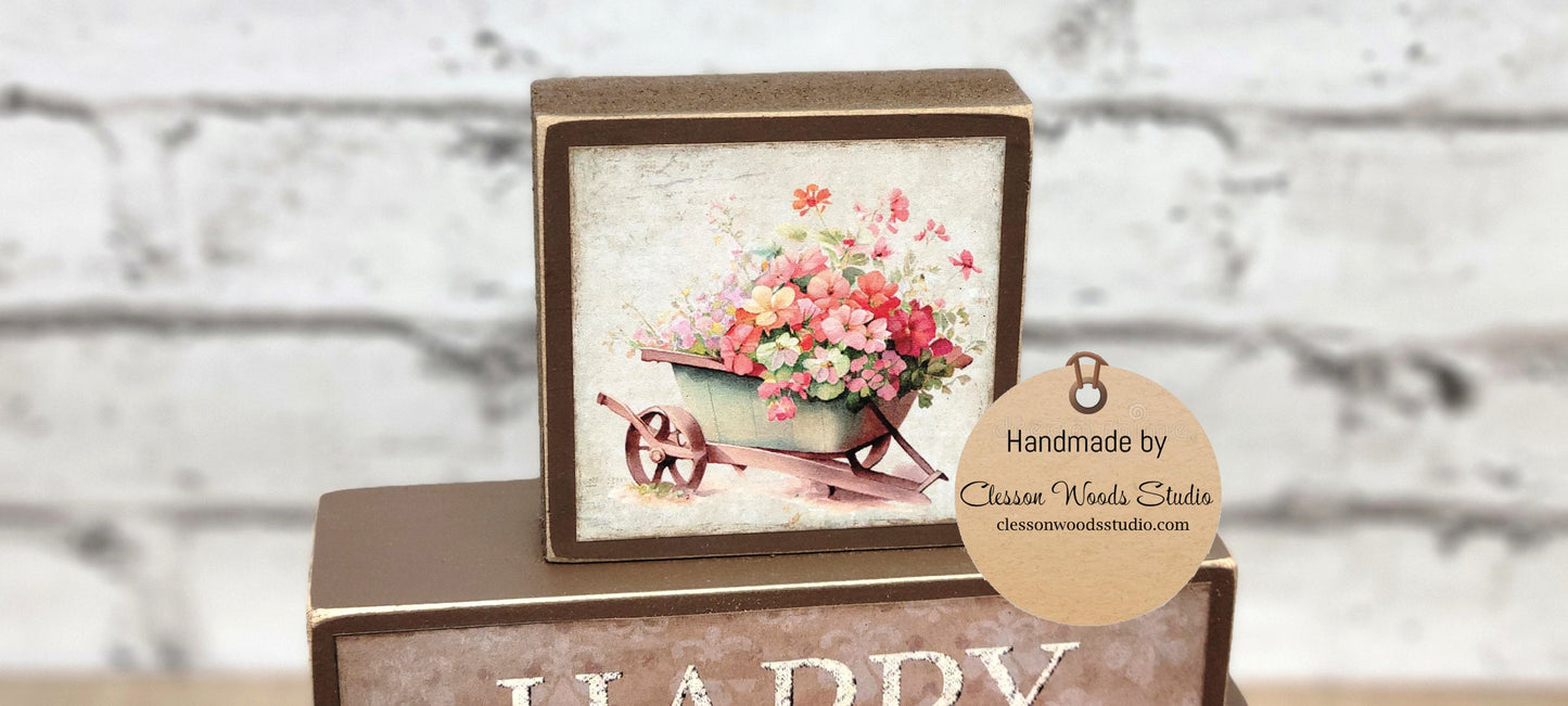 Happy Spring Wheelbarrow of Flowers Green Tan and Brown 3 Piece Wood Block Stack
