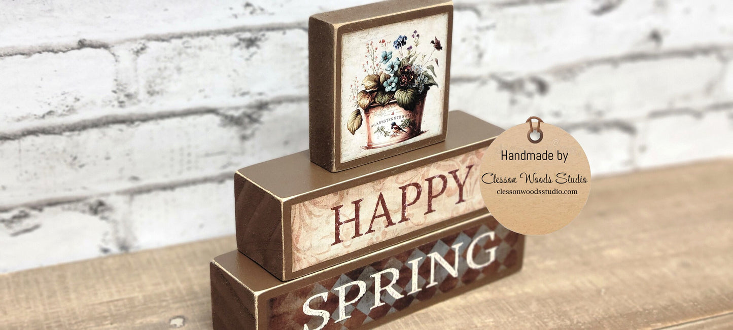 Happy Spring Tin of Flowers Brown 3 Piece Wood Block Stack
