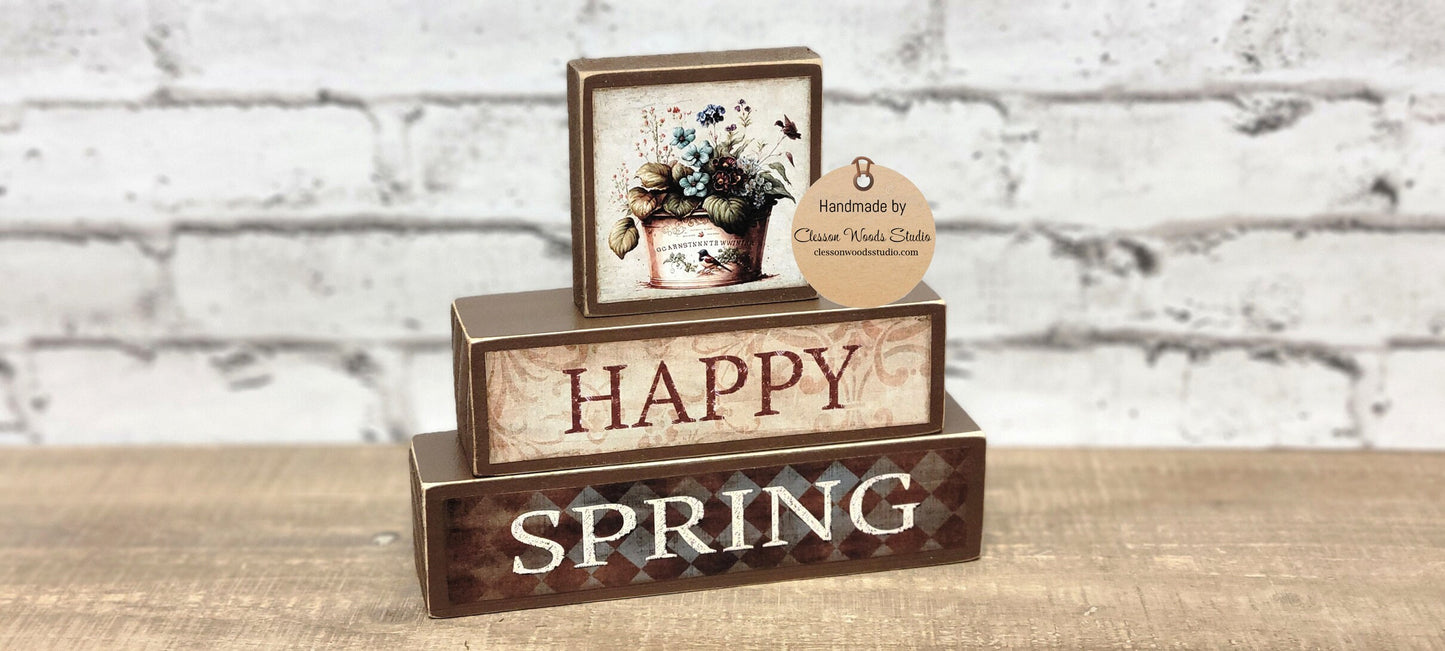 Happy Spring Tin of Flowers Brown 3 Piece Wood Block Stack