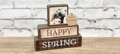 Happy Spring Tin of Flowers Brown 3 Piece Wood Block Stack
