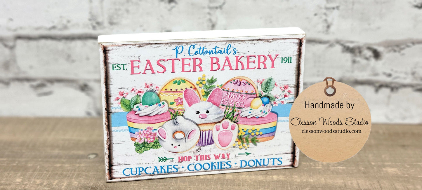 P Cottontail Easter Bakery White Wood Block Sign
