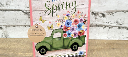 Happy Spring Green Truck of Flowers Wood Block Sign