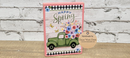 Happy Spring Green Truck of Flowers Wood Block Sign