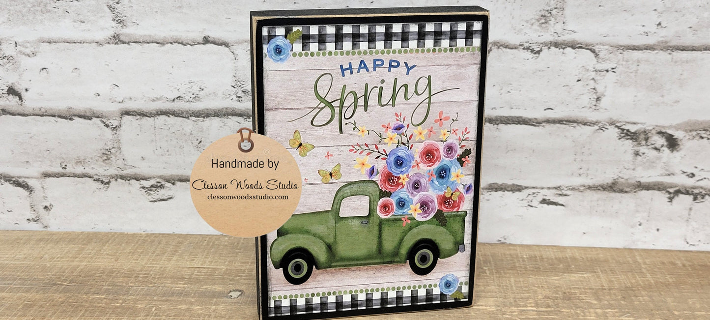 Happy Spring Green Truck of Flowers Wood Block Sign