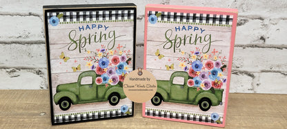 Happy Spring Green Truck of Flowers Wood Block Sign